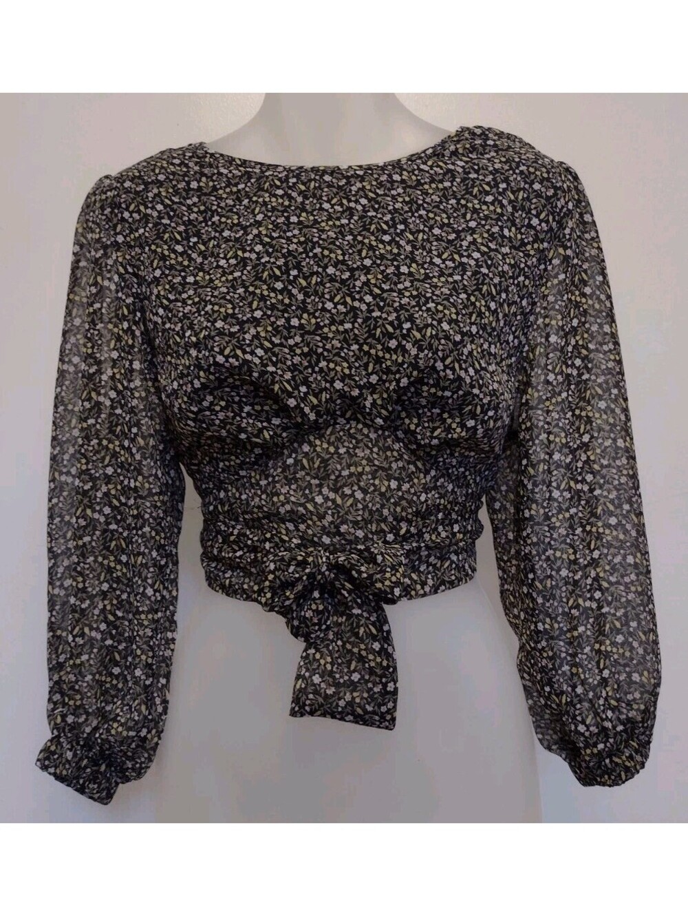 Sky Chance Floral Tie Back Crop Top Sheer Chiffon Cottagecore Coquette Boho S